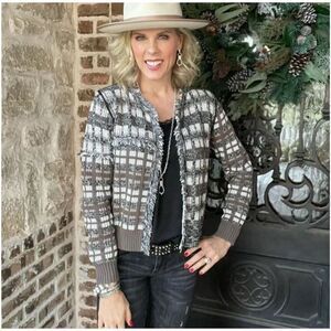 Cabi Classic Cardigan Gray Brown White Medium #4097